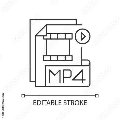 MP4 file pixel perfect linear icon. Digital multimedia container format. MPEG-4. Thin line customizable illustration. Contour symbol. Vector isolated outline drawing. Editable stroke