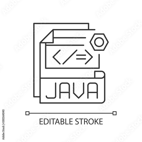 JAVA file pixel perfect linear icon. Source code file. Java programming language. Thin line customizable illustration. Contour symbol. Vector isolated outline drawing. Editable stroke
