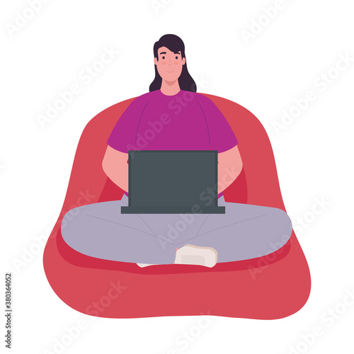 Woman cartoon with laptop working on puf design of Work from home theme Vector illustration