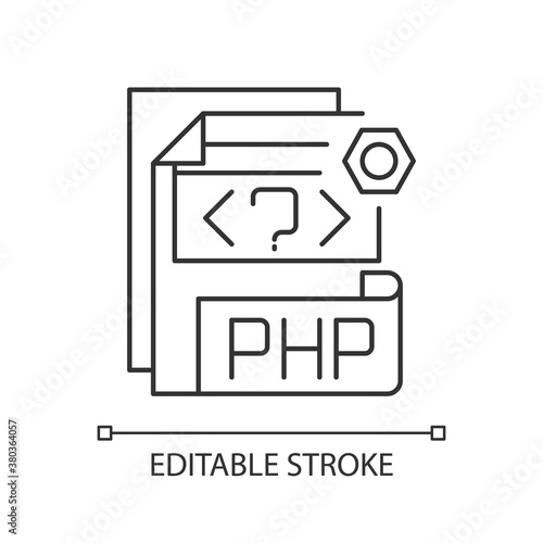 PHP file pixel perfect linear icon. Source code file. Hypertext Preprocessor code. Webpage files. Thin line customizable illustration. Contour symbol. Vector isolated outline drawing. Editable stroke