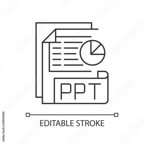 PPT file pixel perfect linear icon. Slideshow presentation. File extension. PPTX documents. Thin line customizable illustration. Contour symbol. Vector isolated outline drawing. Editable stroke