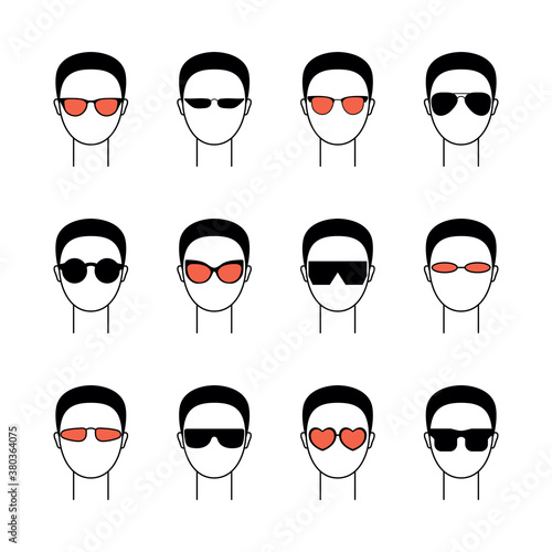 Set with vector icons illustrating men in sunglasses. Art сan be used as logo for glasses store.