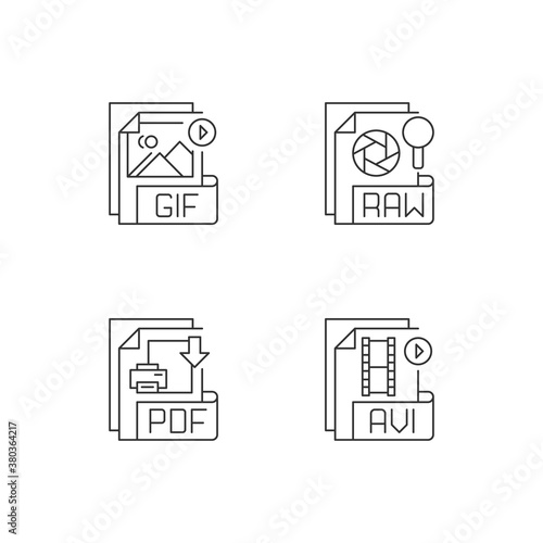 File types pixel perfect linear icons set. GIF. RAW. PDF. AVI. Video, raster image, page layout files. Customizable thin line contour symbols. Isolated vector outline illustrations. Editable stroke