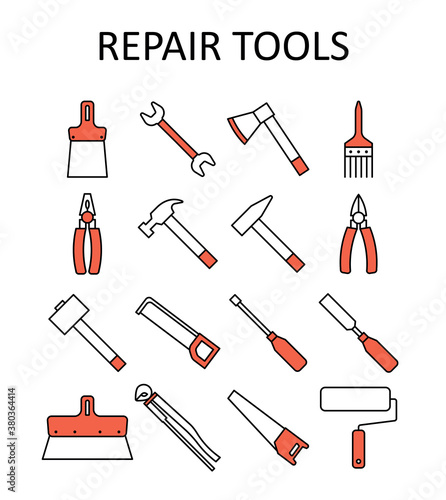 Vector outline icon with repair tools: hummer, wrench, paint roller, putty knife, nail puller, saw, pliers, ax, hacksaw, screwdriver, paint brush, sledgehammer,nippers, chisel.