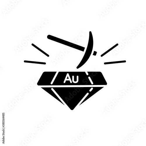 Gold mining black glyph icon. Heavy industrial production. Dig for fossil. Brilliant for economic value. Axe on precious gemstone. Silhouette symbol on white space. Vector isolated illustration