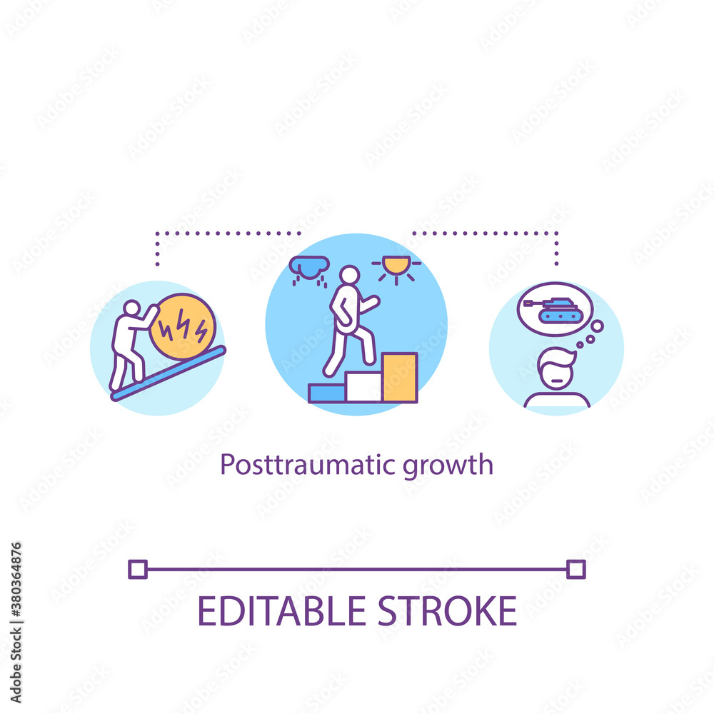 Posttraumatic growth concept icon. Mental trauma and disorder management idea thin line illustration. Self development, personal improvement. Vector isolated outline RGB color drawing. Editable stroke Posttraumatic growth concept icon. Mental trauma and disorder management idea thin line illustration. Self development, personal improvement. Vector isolated outline RGB color drawing. Editable stroke