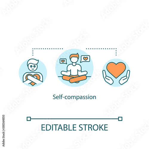 Self compassion concept icon. Psychological treatment, psychotherapy idea thin line illustration. Depression and stress management. Vector isolated outline RGB color drawing. Editable stroke