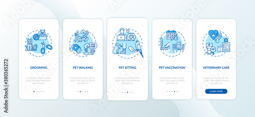 Pet services onboarding mobile app page screen with concepts. Types of salon services. Animal care ideas walkthrough 5 steps graphic instructions. UI vector template with RGB color illustrations