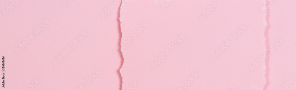 Blank ripped piece of paper, torn paper card on pastel pink background. Top view