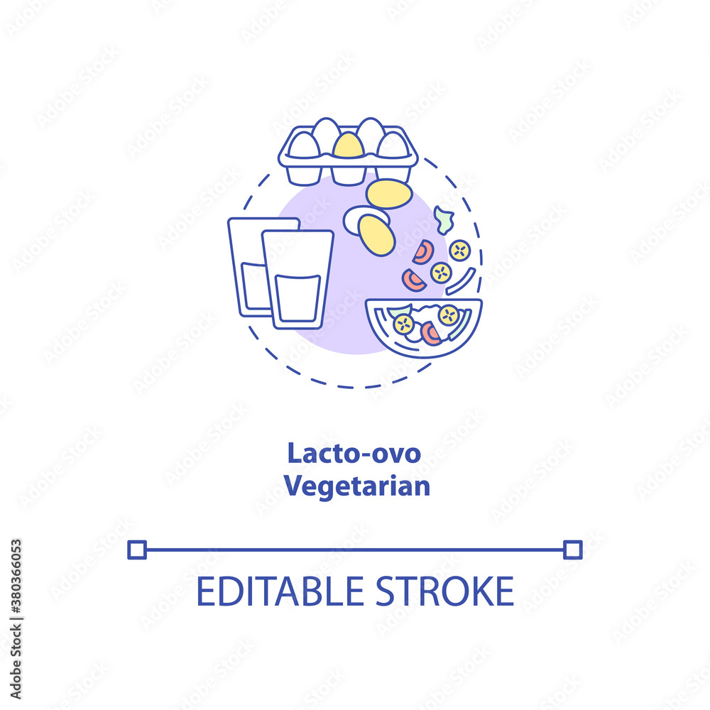 Lacto ovo vegetarian concept icon. Vegetarian eating plan. Healthy foods. Types of vegetarian diets idea thin line illustration. Vector isolated outline RGB color drawing. Editable stroke