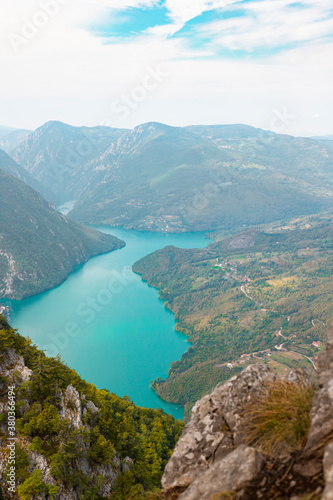 Tara National Park, Serbia. Viewpoint Banjska Stena. View at Drina river canyon and lake Perucac