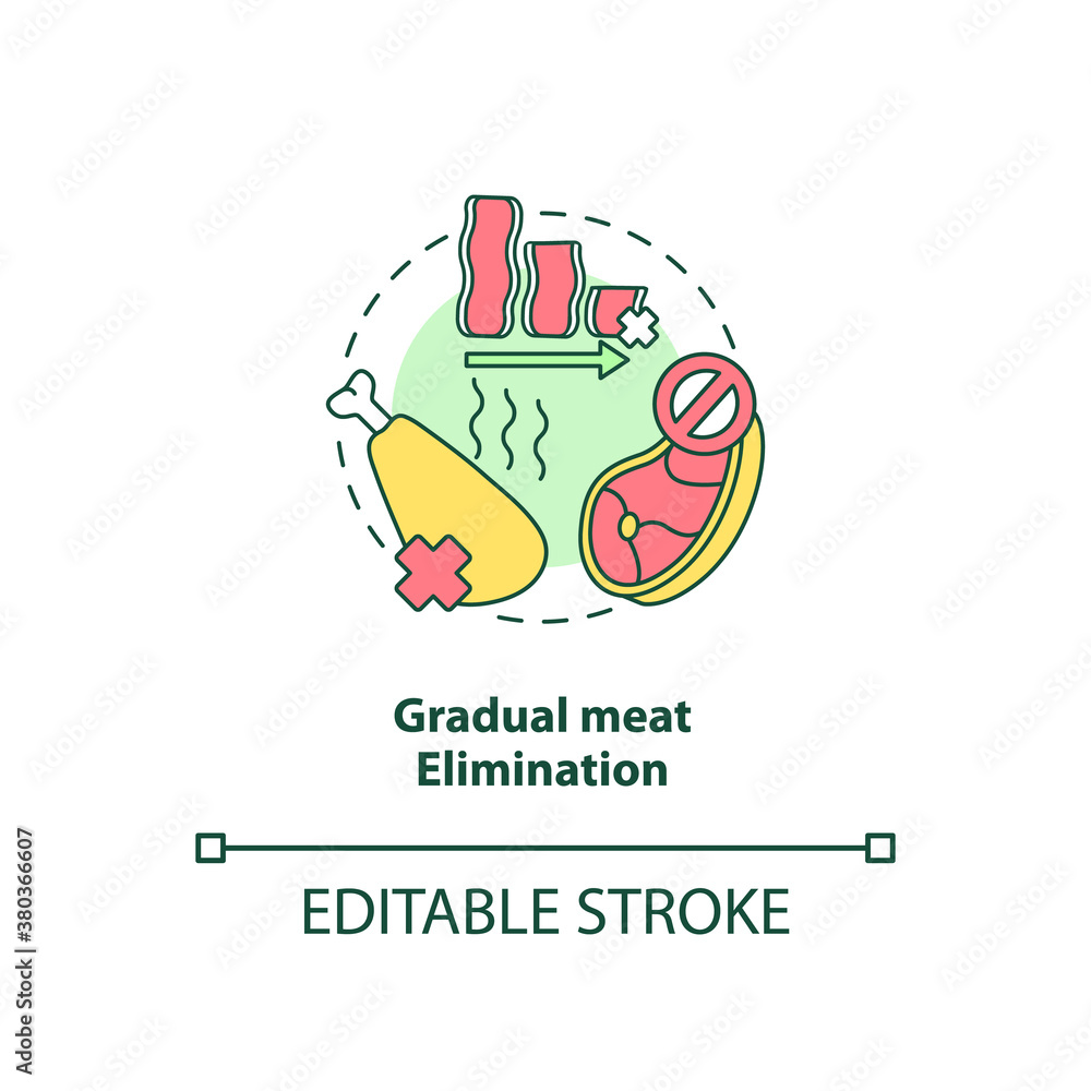 Gradual meat elimination concept icon. No meat in eating plan. Healthy meals. Becoming a vegetarian tips idea thin line illustration. Vector isolated outline RGB color drawing. Editable stroke Gradual meat elimination concept icon. No meat in eating plan. Healthy meals. Becoming a vegetarian tips idea thin line illustration. Vector isolated outline RGB color drawing. Editable stroke