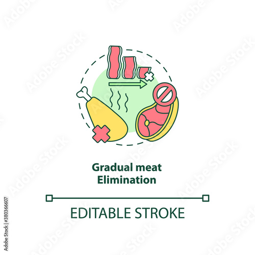 Gradual meat elimination concept icon. No meat in eating plan. Healthy meals. Becoming a vegetarian tips idea thin line illustration. Vector isolated outline RGB color drawing. Editable stroke