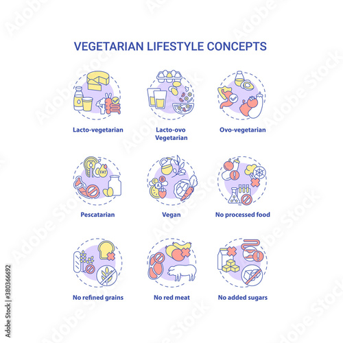 Vegetarian lifestyle concept icons set. Sustainable diet. Healthy life. Types of vegetarian diets. idea thin line RGB color illustrations. Vector isolated outline drawings. Editable stroke