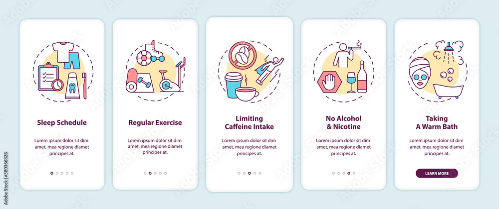 Healthy sleep hygiene onboarding mobile app page screen with concepts. Healthcare recommendation walkthrough 5 steps graphic instructions. UI vector template with RGB color illustrations