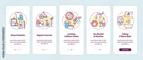 Healthy sleep hygiene onboarding mobile app page screen with concepts. Healthcare recommendation walkthrough 5 steps graphic instructions. UI vector template with RGB color illustrations
