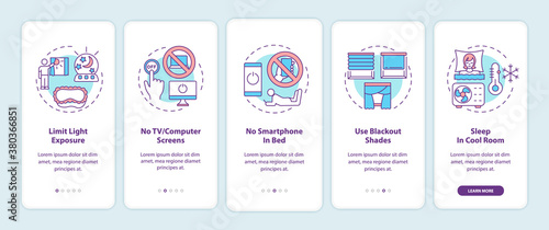 Good sleep recommendation onboarding mobile app page screen with concepts. Better dreaming walkthrough 5 steps graphic instructions. UI vector template with RGB color illustrations