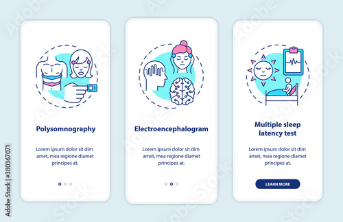 Daytime nap study onboarding mobile app page screen with concepts. Sleep disorder test. Medical examination walkthrough 3 steps graphic instructions. UI vector template with RGB color illustrations