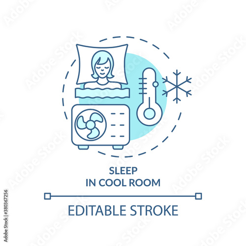 Sleep in cool room turquoise concept icon. Recommendation for better dreaming. Sleep hygiene idea thin line illustration. Vector isolated outline RGB color drawing. Editable stroke