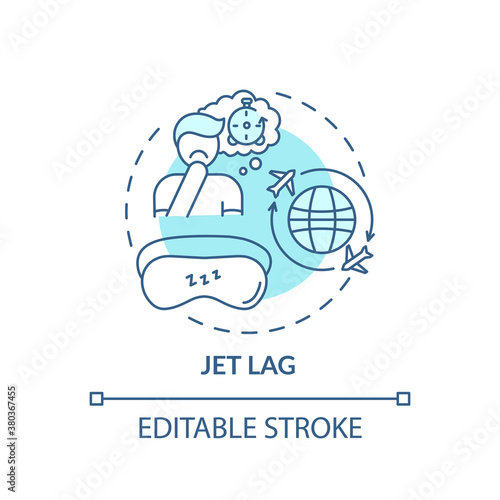 Jet lag turquoise concept icon. Trouble with sleeping. International flight. Healthcare problem cause idea thin line illustration. Vector isolated outline RGB color drawing. Editable stroke
