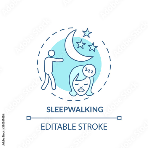 Sleepwalking turquoise concept icon. Somnambulism symptom. Walk in dream. Healthcare problem. Sleep disorder idea thin line illustration. Vector isolated outline RGB color drawing. Editable stroke