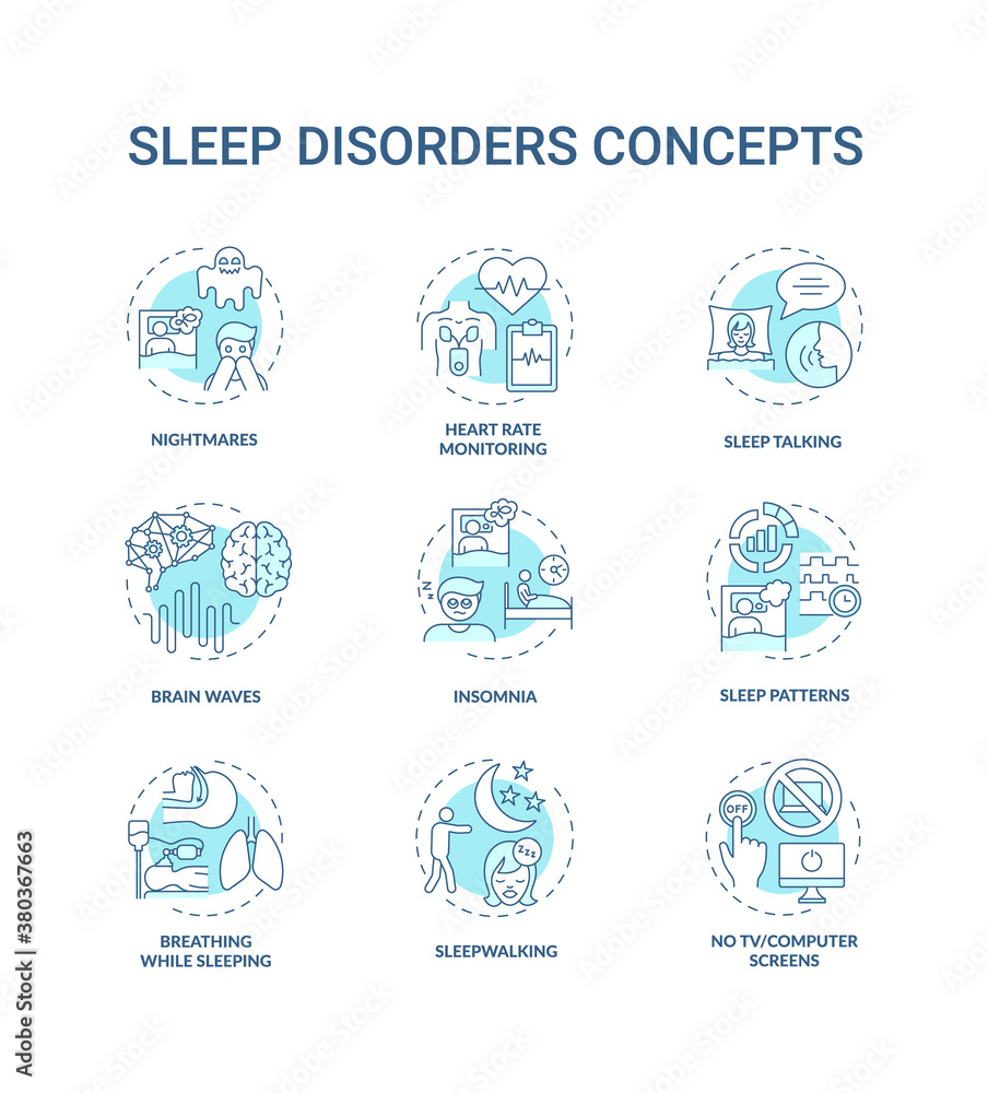 Sleep disorder turquoise concept icons set. Nightmares and night terrors. Heart rate monitor. Health problem idea thin line RGB color illustrations. Vector isolated outline drawings. Editable stroke