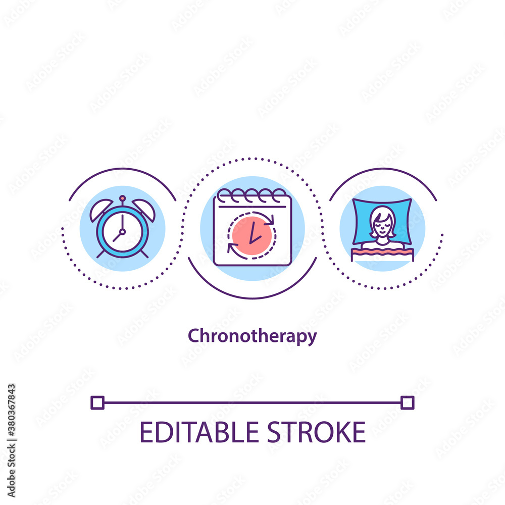 Chronotherapy concept icon. Behavioral insomnia treatment idea thin line illustration. Shifting circadian rhythm, changing sleep schedule. Vector isolated outline RGB color drawing. Editable stroke Chronotherapy concept icon. Behavioral insomnia treatment idea thin line illustration. Shifting circadian rhythm, changing sleep schedule. Vector isolated outline RGB color drawing. Editable stroke