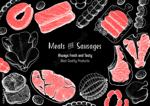 Meat products top view frame. Vector illustration. Engraved design. Hand drawn illustration. Pieces of meat design template. Great for package design. Chicken, beef, pork, sausage, lamb, ham sketch.
