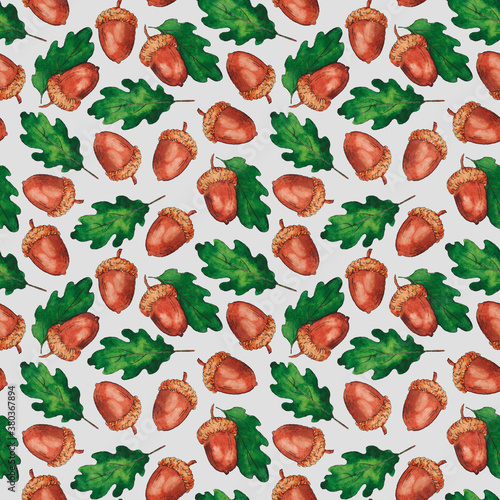 Fototapeta Naklejka Na Ścianę i Meble -  Seamless pattern acorns with leaves isolated on grey