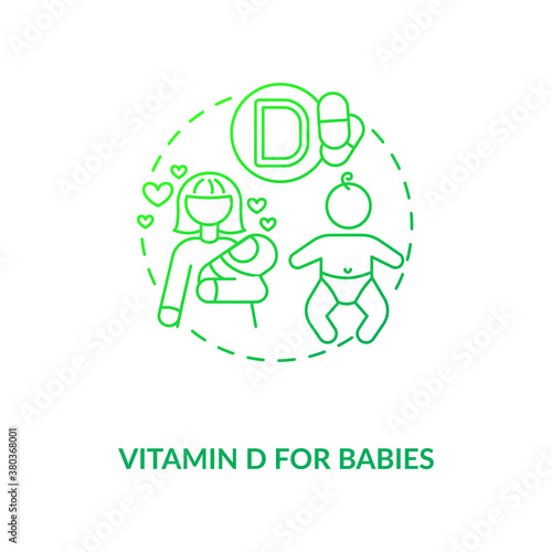 Vitamin D for babies concept icon. Needed supplement idea thin line illustration. Rickets risk. Daily supplements. Mother and child. RDA recommendations. Vector isolated outline RGB color drawing.