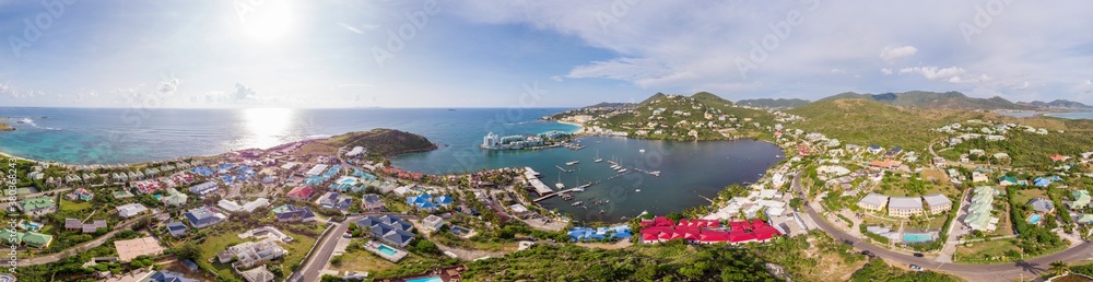 Aerial view of the Caribbean island of Sint maarten /Saint Martin. Oyster pond and Dawn beach Panorama view.