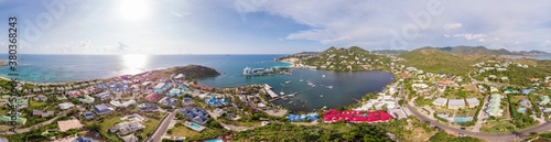 Aerial view of the Caribbean island of Sint maarten /Saint Martin. Oyster pond and Dawn beach Panorama view.