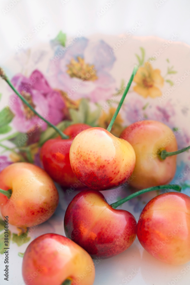 Detail of sour cherries in bowl Detail of sour cherries in bowl