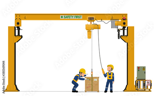 Two workers are operating overhead crane on white background