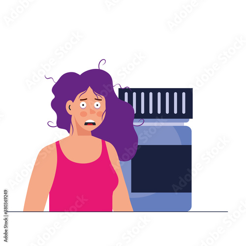 woman cartoon with insomnia and pills jar design, sleep and night theme Vector illustration