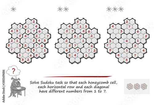 Set of Sudoku puzzles. 3 difficulty levels. Logic game. Page for brain teaser book. Solve task so that each honeycomb cell, each horizontal row and each diagonal have different numbers from 1 to 7.