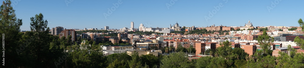 Madrid panoramic view from a Cuña Verde viewpoint. Madrid, Spain.