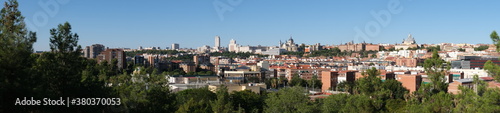 Madrid panoramic view from a Cuña Verde viewpoint. Madrid, Spain.