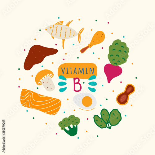 Vitamin B containing foods: liver, spinach, mushroom, beet, eggs, chicken, tuna, broccoli in round composition. Water-soluble vitamins hand drawn vector illustration.