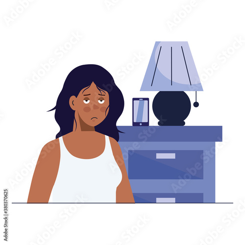woman cartoon with insomnia in front of furniture with lamp design, sleep and night theme Vector illustration