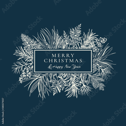 Winter logo with conifers and greens. New year illustration. Vector holiday card. Classic Blue background and white greeting.