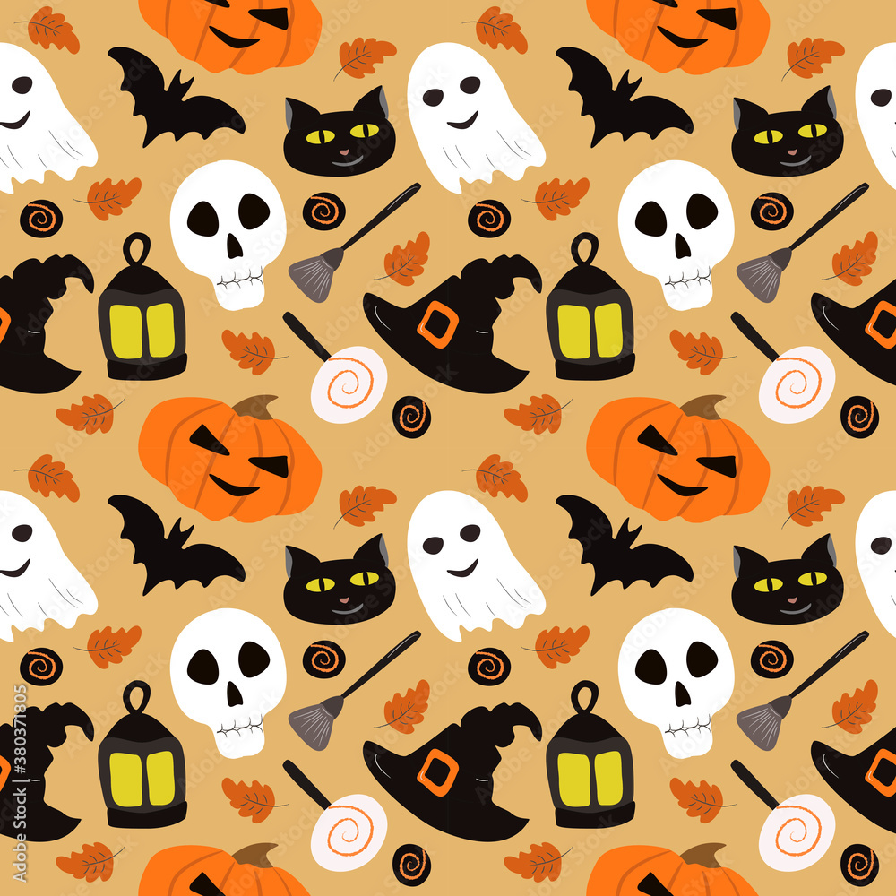 cute halloween seamless pattern with pumpkins, witch hats, bats, candy, skulls, ghosts and autumn leaves cute halloween seamless pattern with pumpkins, witch hats, bats, candy, skulls, ghosts and autumn leaves