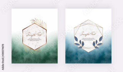 Blue and green brush stroke watercolor cards with geometric marble frames with leaves.
