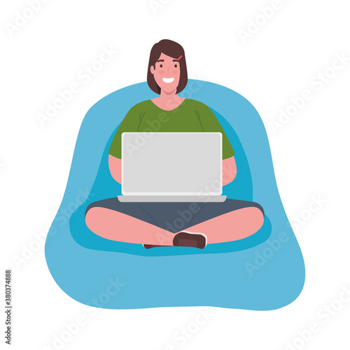 Woman cartoon with laptop working on puf design of Work from home theme Vector illustration