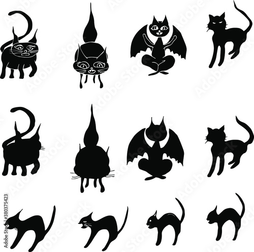 Happy Halloween, October 31, All Saints Day, festive animals, isolated drawings of funny cats, freehand icons in yoga vector, wings, meditation