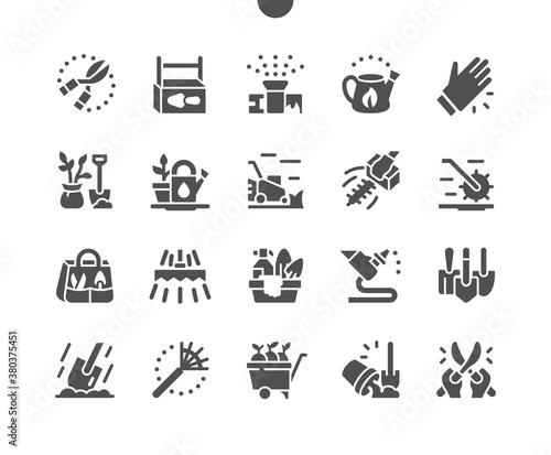 Landscaping equipment. Gardening tools and equipment. Instruments for gardener. Trimming trees and plants. Vector Solid Icons. Simple Pictogram