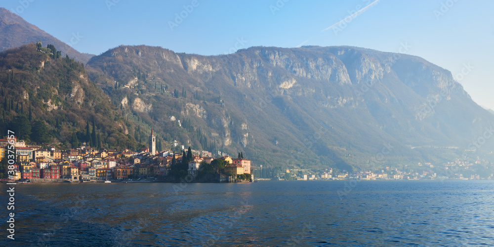 The small old city of Varenna on the shore of Lake Como in Italy in the winter season.
