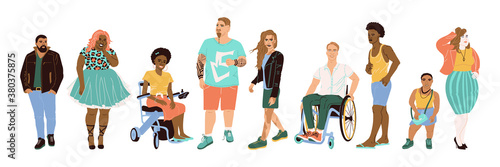A group of men and women of different nationalities, shapes and appearances. The natural beauty of man. Diversity of races, ethnic groups of people. Multicultural group of people on a white background