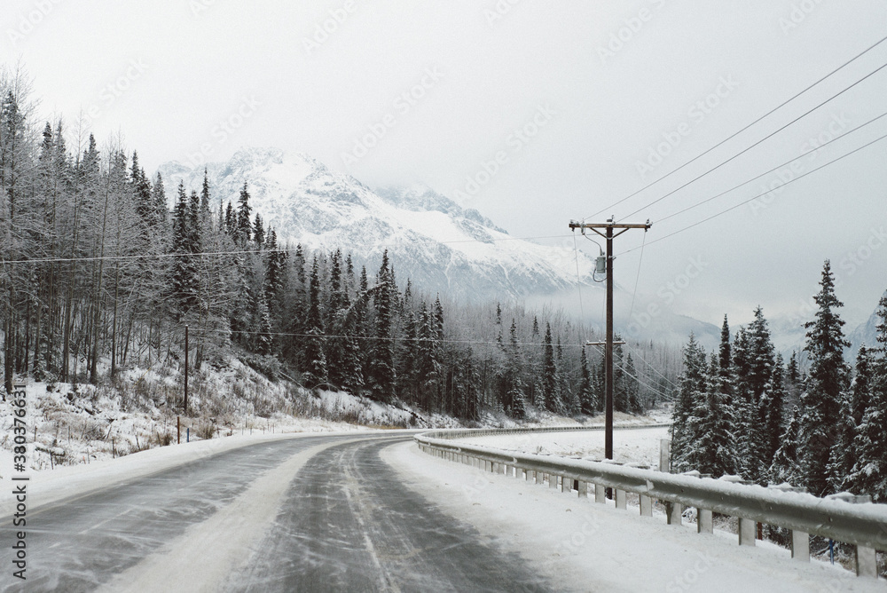 a bend in the road on a snowy day in Alaska a bend in the road on a snowy day in Alaska