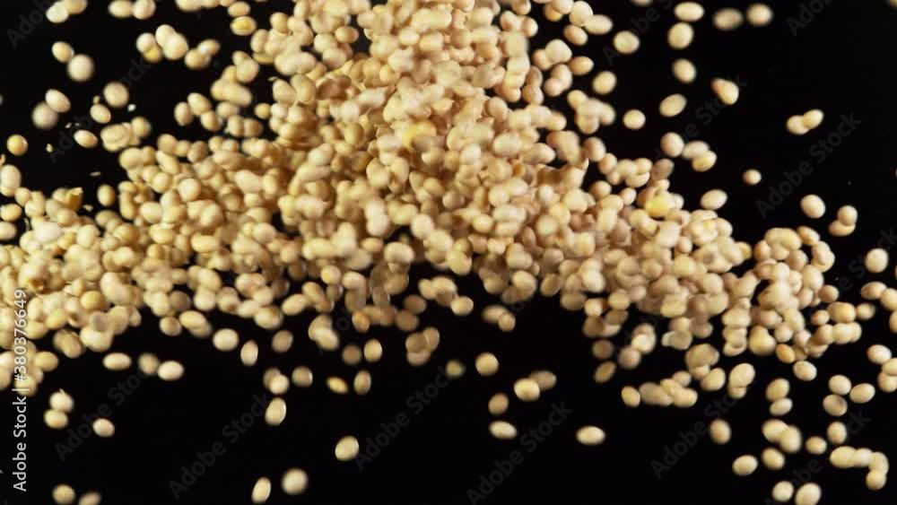Super slow motion of flying soya pieces up in the air. Filmed on high speed cinema camera, 1000 fps. Super slow motion of flying soya pieces up in the air. Filmed on high speed cinema camera, 1000 fps.
